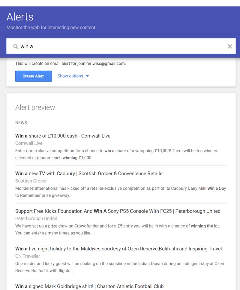 Example competitions alert setup with Google Alerts