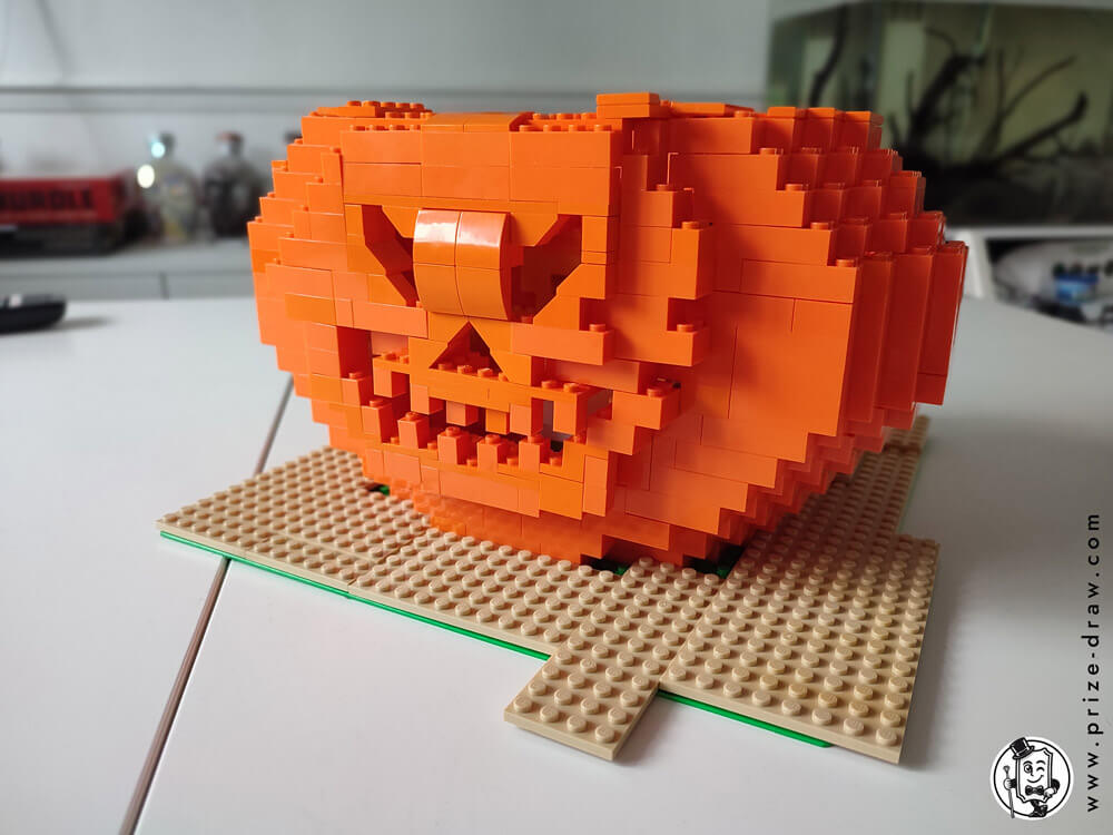 Halloween Lego pumpkin head - front angled view