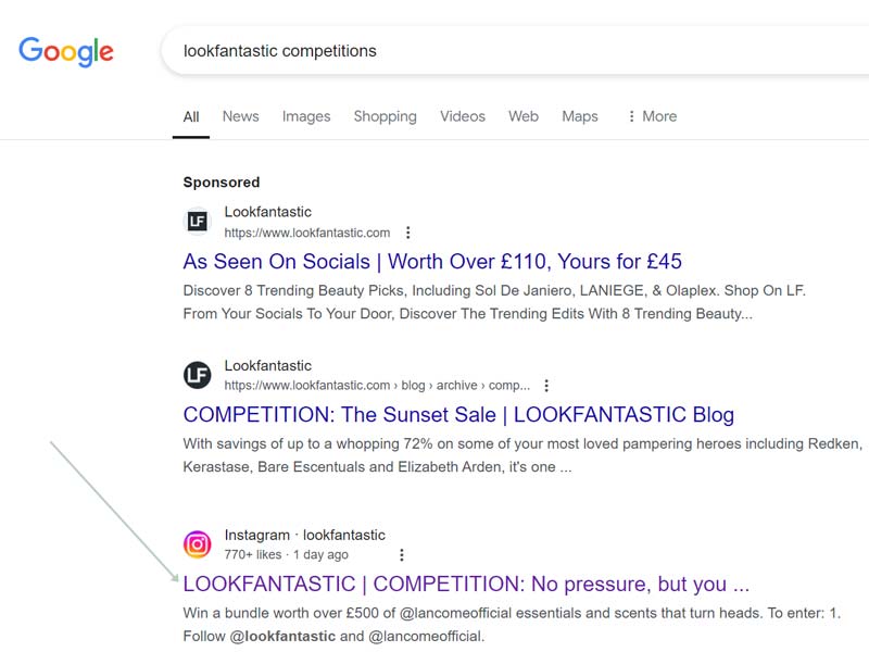 A hit searching for Look Fantastic competitions in Google